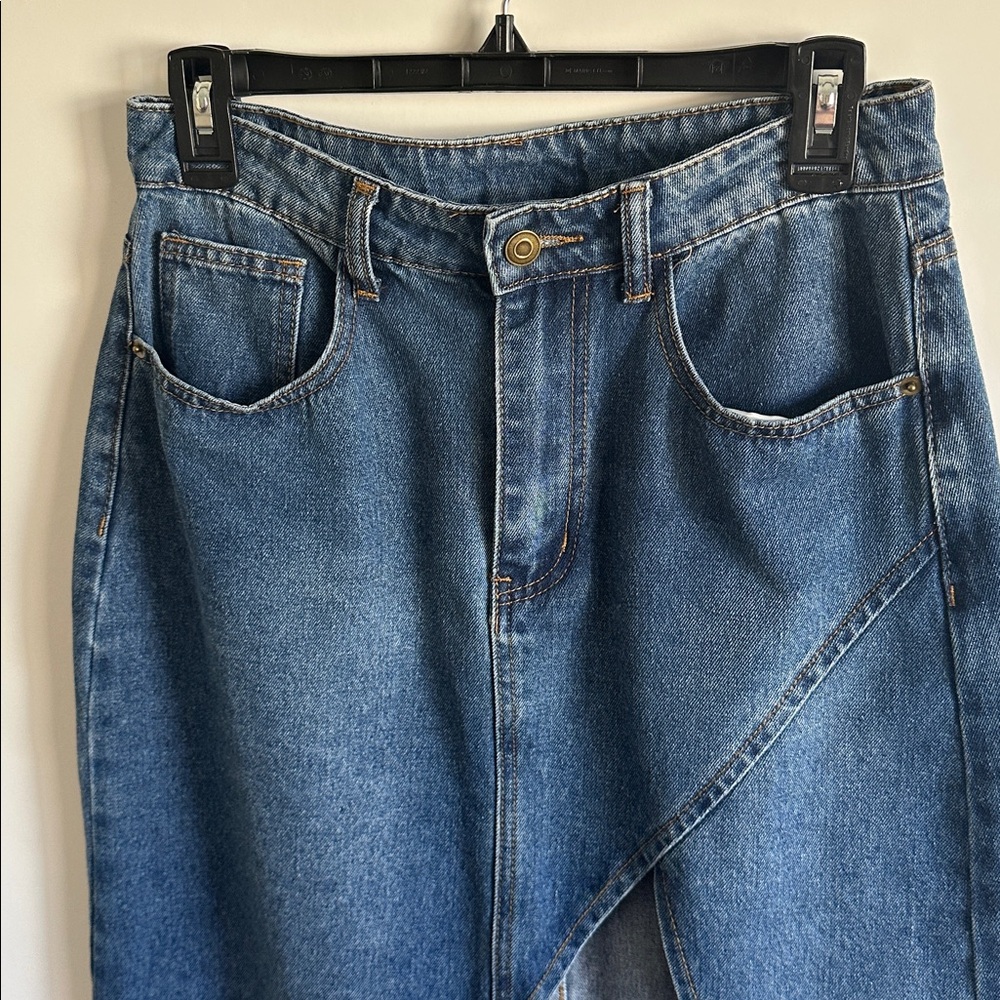 Like New Mayblanc Jean Denim Midi Skirt With Slit Size Medium - Picture 2 of 8